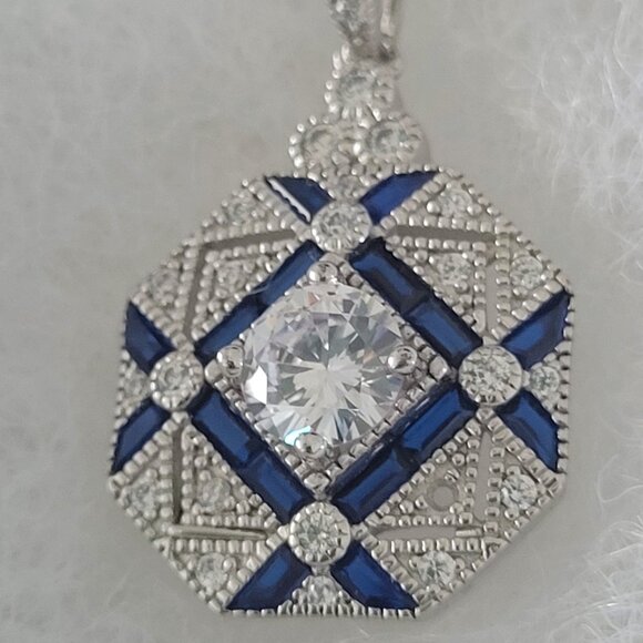 NWT-Silver Sapphire CZ Necklace-Silver 16" Chain Beautiful Piece! -Read Descript - Picture 9 of 9